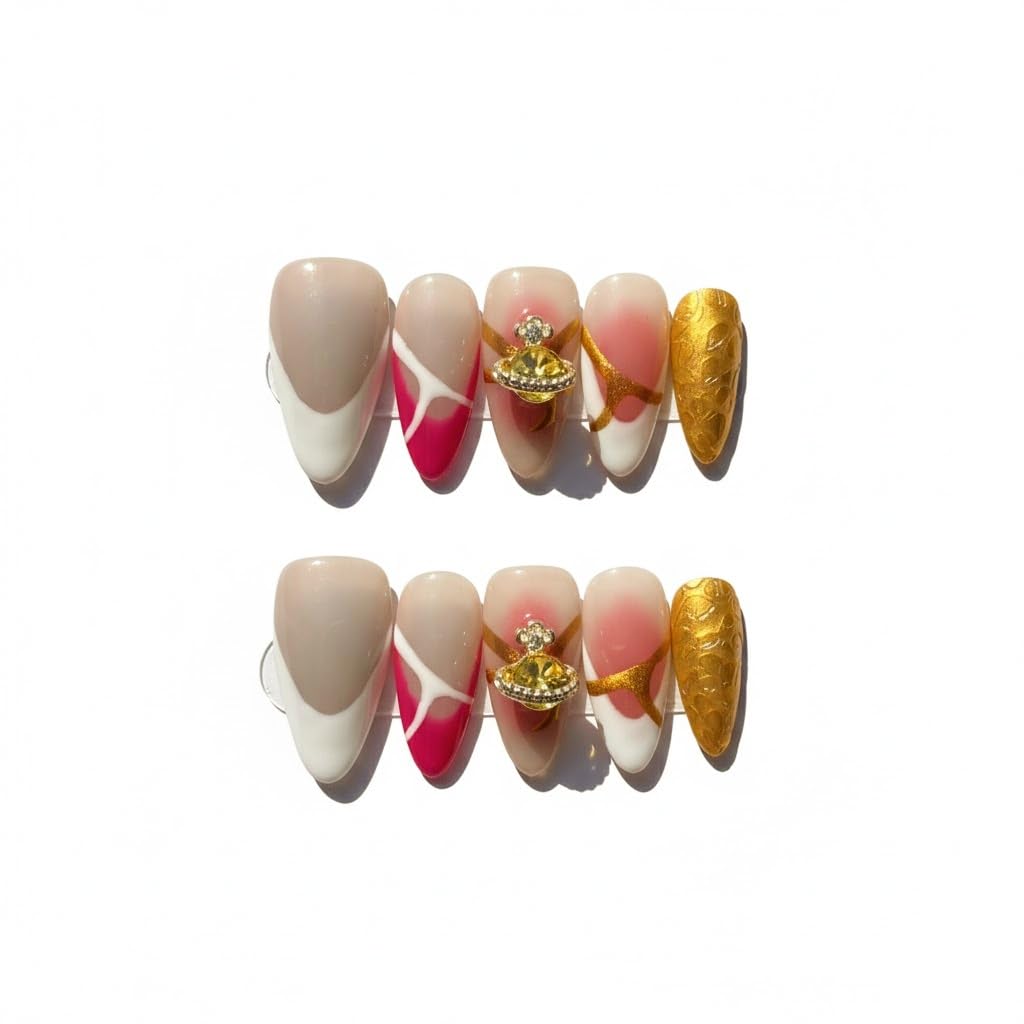 FURNUNUBI Handmade Almond Press-On Nails with 3D Saturn Jewel – Ombre White French Tip