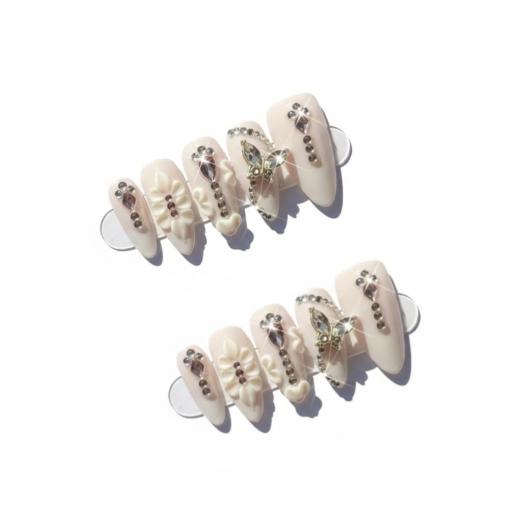 FURNUNUBI Handmade Almond Press-On Nails – Light Purple 3D Butterfly Milky Design (Size S)