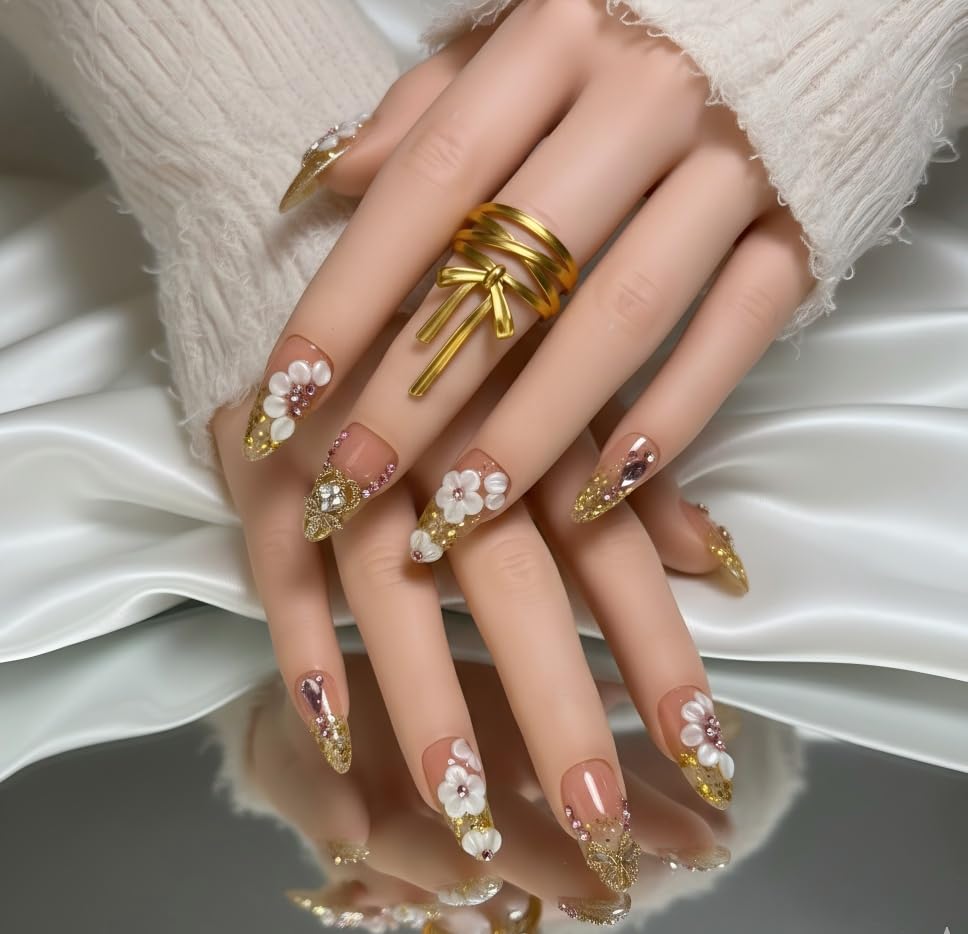 FURNUNUBI Handmade Almond Press-On Nails – Gold Glitter, Crystal Hearts, 3D Flowers