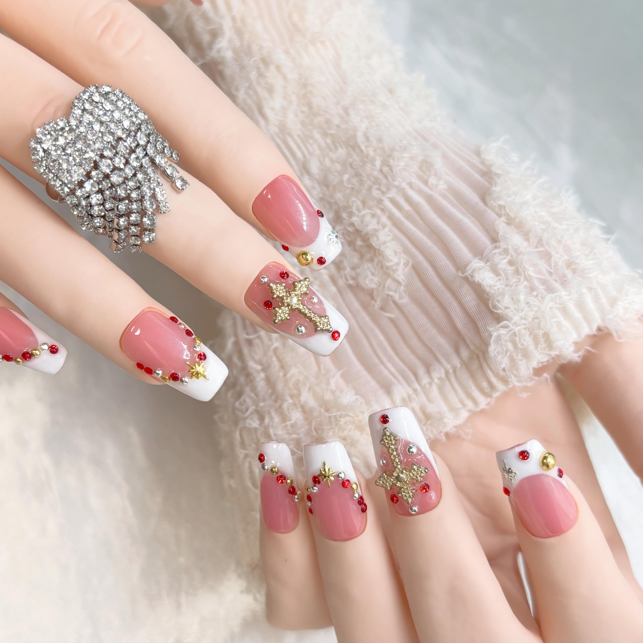 FURNUNUBI Handmade Square Press-On Nails – Pink 3D Design, White French Tip with Gold Cross