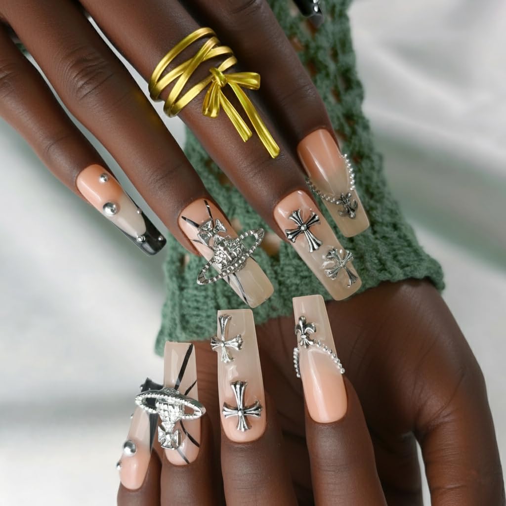 FURNUNUBI Handmade Square Press-On Nails - Gothic Black French Tip with 3D Saturn Charms