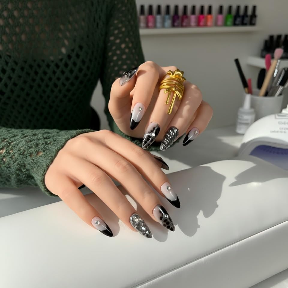 FURNUNUBI Handmade Almond Black Press-On Nails – 3D Gothic Metallic Design for Women