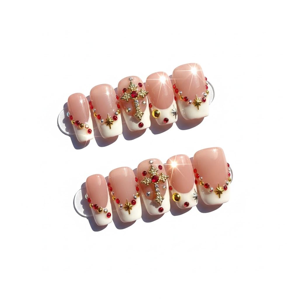 FURNUNUBI Handmade Square Press-On Nails – Pink 3D Design, White French Tip with Gold Cross