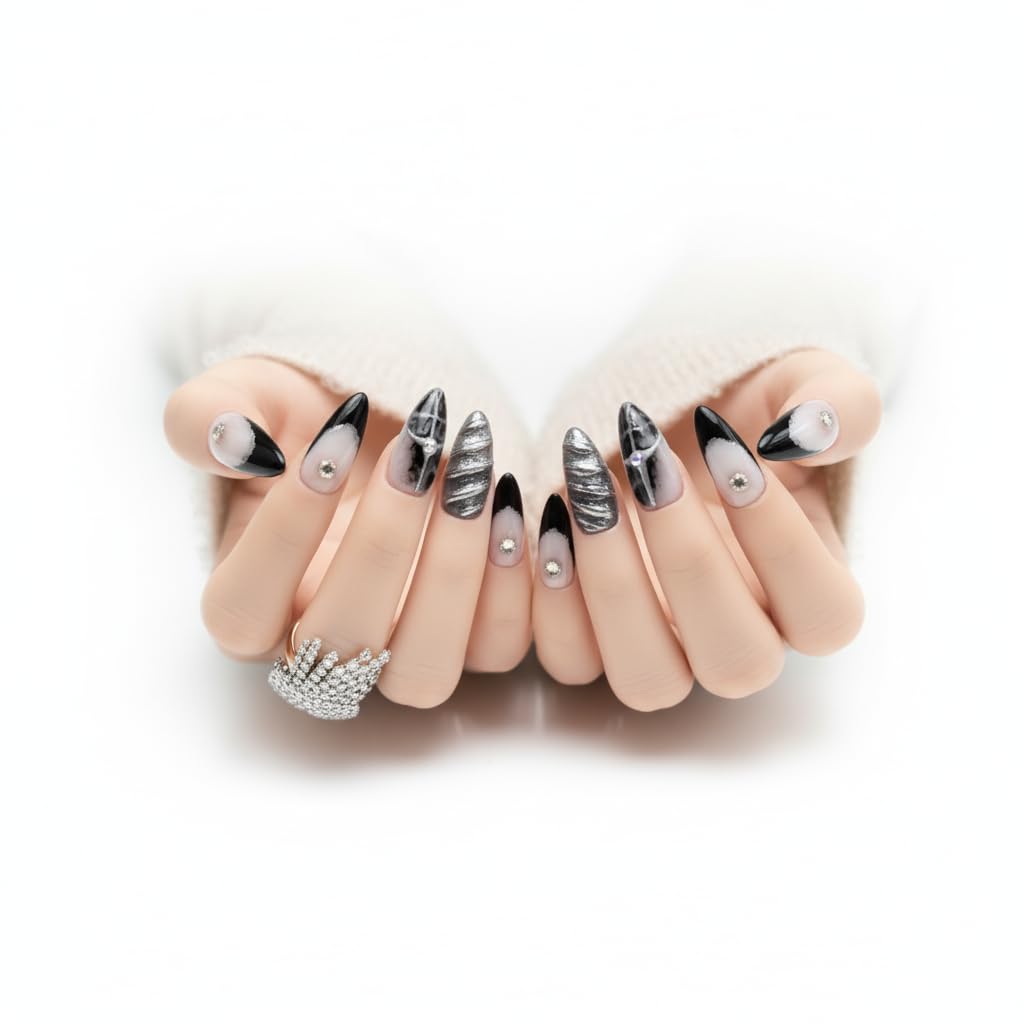 FURNUNUBI Handmade Almond Black Press-On Nails – 3D Gothic Metallic Design for Women