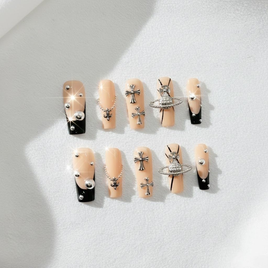 Furnunubi Handmade Square Press-On Nails – 3D Saturn Charms & Gothic Black French Tip