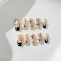 Furnunubi Handmade Square Press-On Nails – 3D Saturn Charms & Gothic Black French Tip
