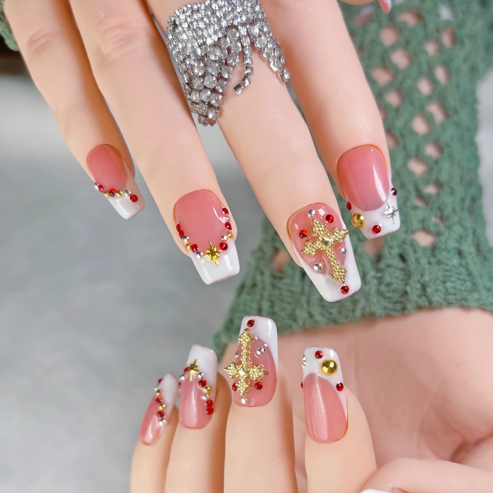 FURNUNUBI Handmade Square Press-On Nails – Pink 3D Design, White French Tip with Gold Cross