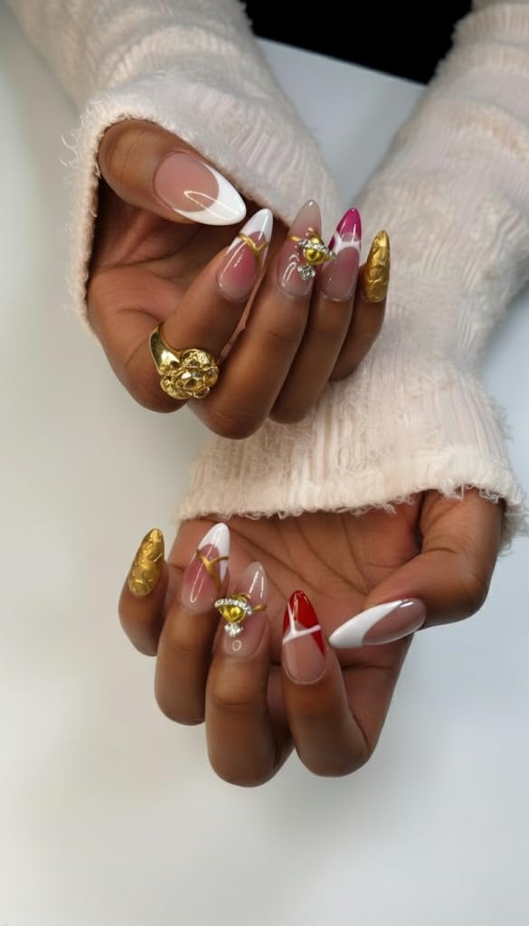 FURNUNUBI Handmade Almond Press-On Nails – 3D Saturn Jewel, Ombre & White French Tip