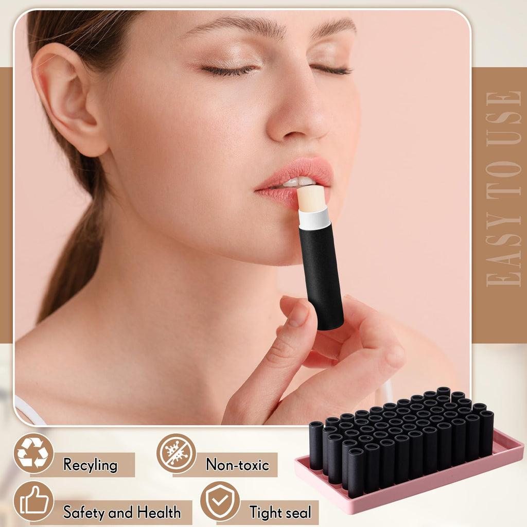 Fuyoooo 50 Pcs Paperboard Lip Balm Tubes with Tray & Spatula — 5g Black DIY Containers