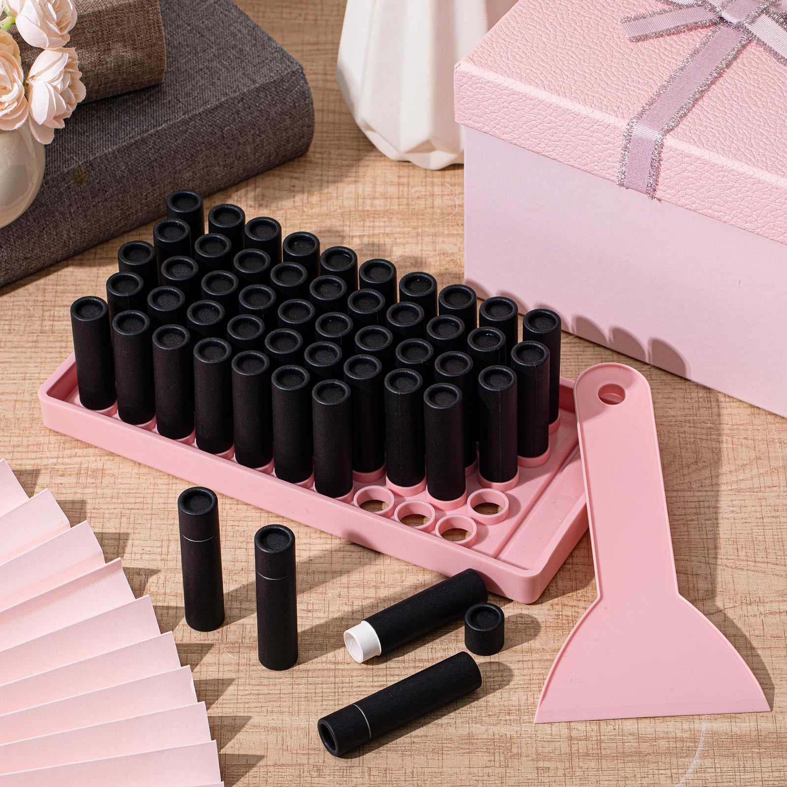 Fuyoooo 50 Pcs Paperboard Lip Balm Tubes with Tray & Spatula — 5g Black DIY Containers