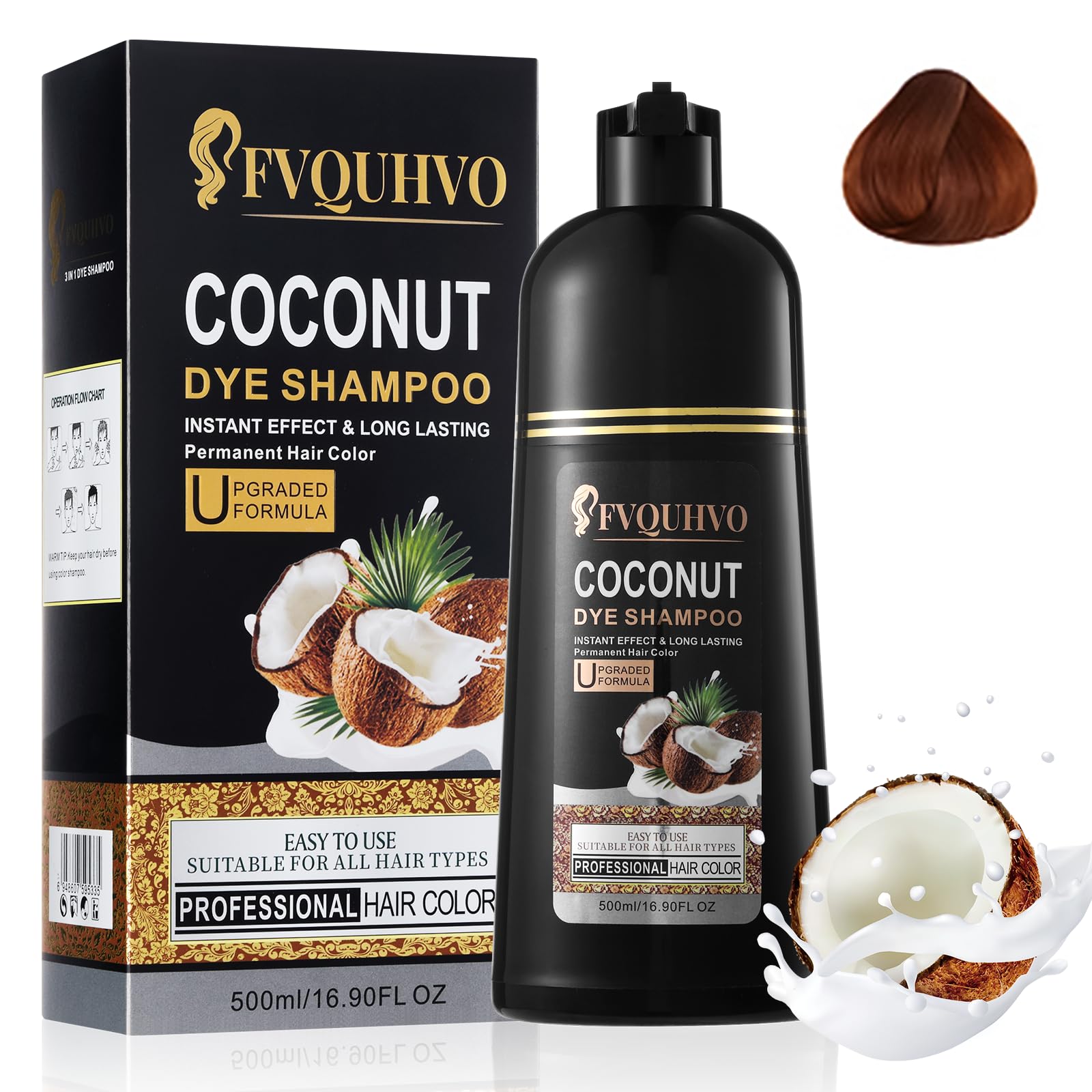 Fvquhvo Dark Brown Hair Dye Shampoo – 3-in-1 Coconut Color, Gray Coverage, 16.9 oz