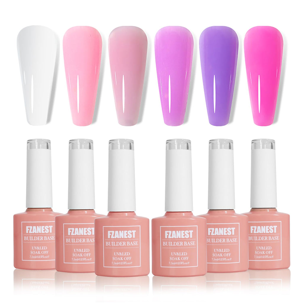 FZANEST Builder Gel Nail Kit – 6-Color Milky White & Nude Pink Rubber Base for Thickening & Extensions