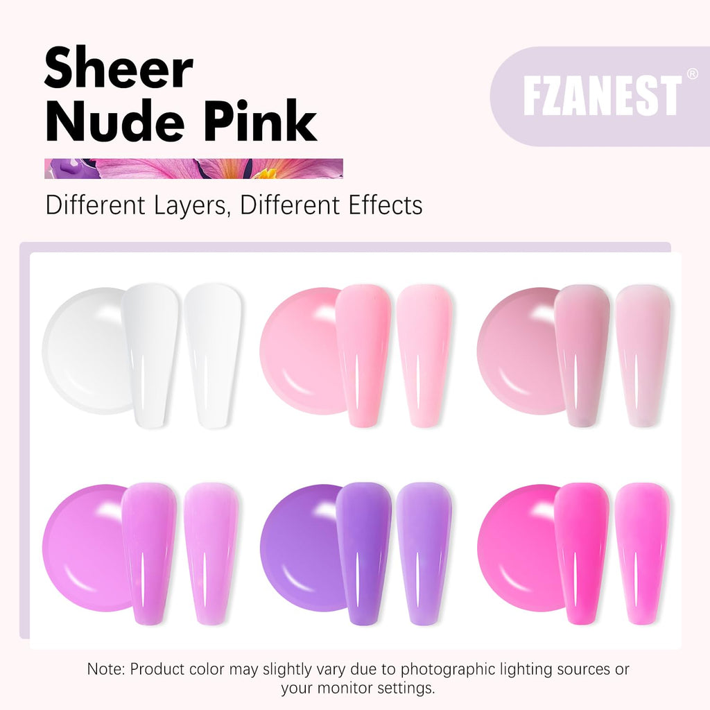 FZANEST Builder Gel Nail Kit – 6-Color Milky White & Nude Pink Rubber Base for Thickening & Extensions