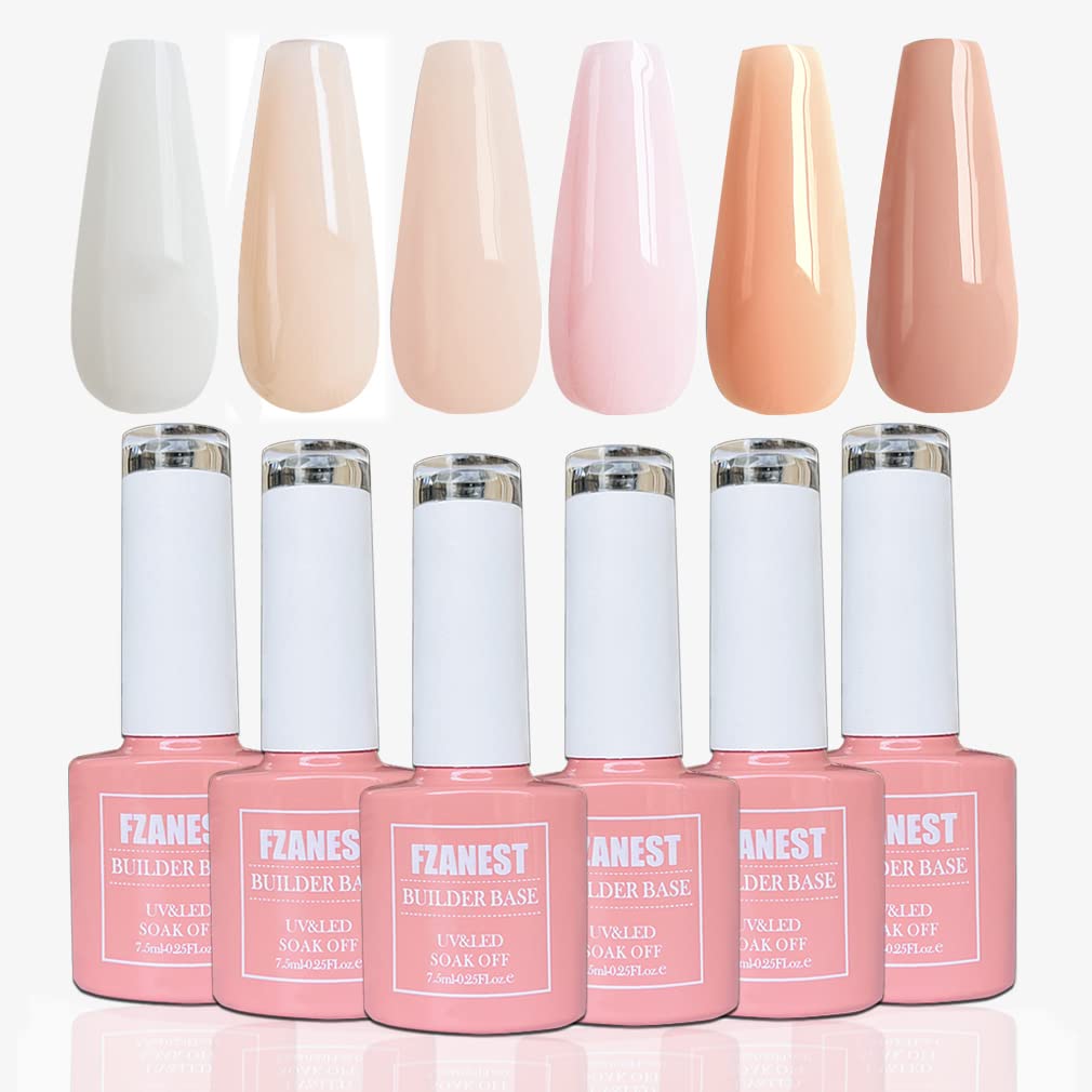 FZANEST Rubber Base Builder Gel Kit – 6x7.5ml, 7-in-1 Nail Strengthener & Nude Pink Colors