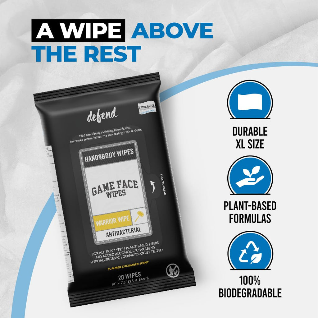 Game Face Antibacterial Warrior Wipes - Hand & Surface Disinfecting, 20 Count XL, Compostable, Cucumber & Lime