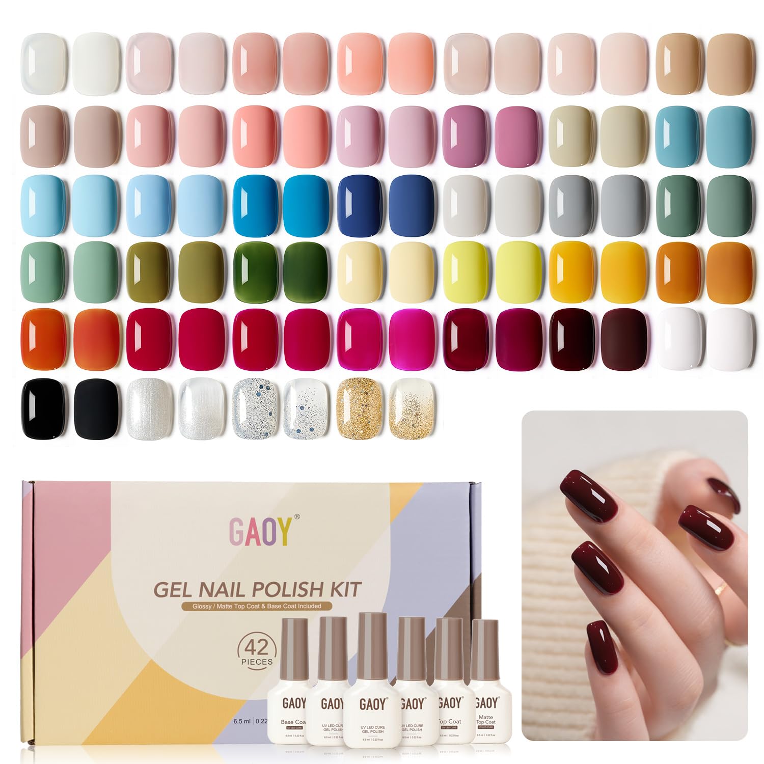 GAOY 42 Pcs Gel Nail Polish Kit – 39 Colors Plus Glossy & Matte Top Coats + Base Coat