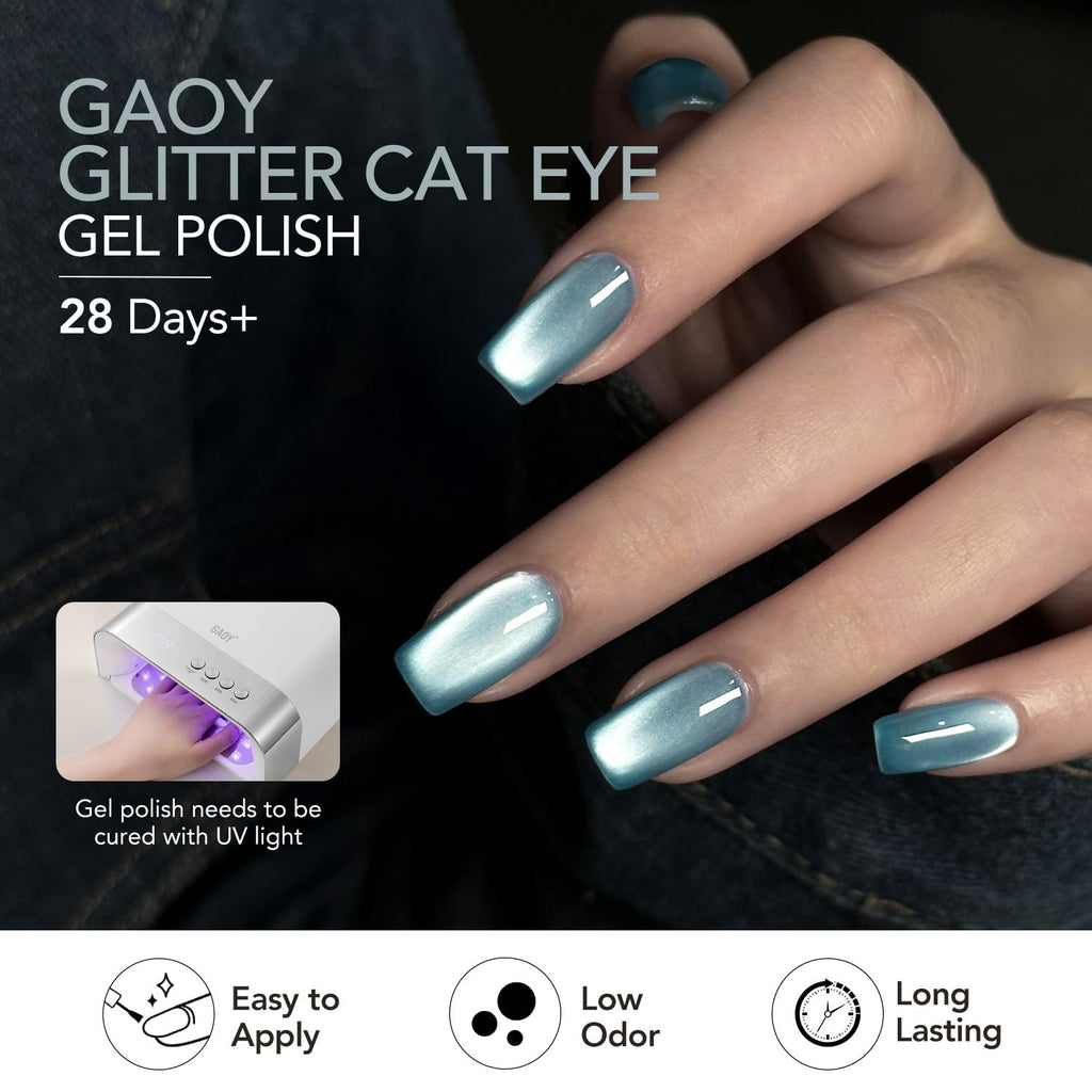 GAOY Blue Cat Eye Gel Nail Polish Set with Magnet – Glitter Holographic Cat Eye, DIY at Home