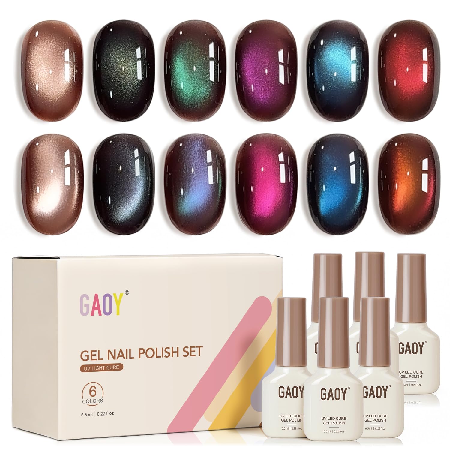GAOY Brown Chameleon Cat Eye Gel Polish Kit with Magnet – 6 Glitter Holographic Colors