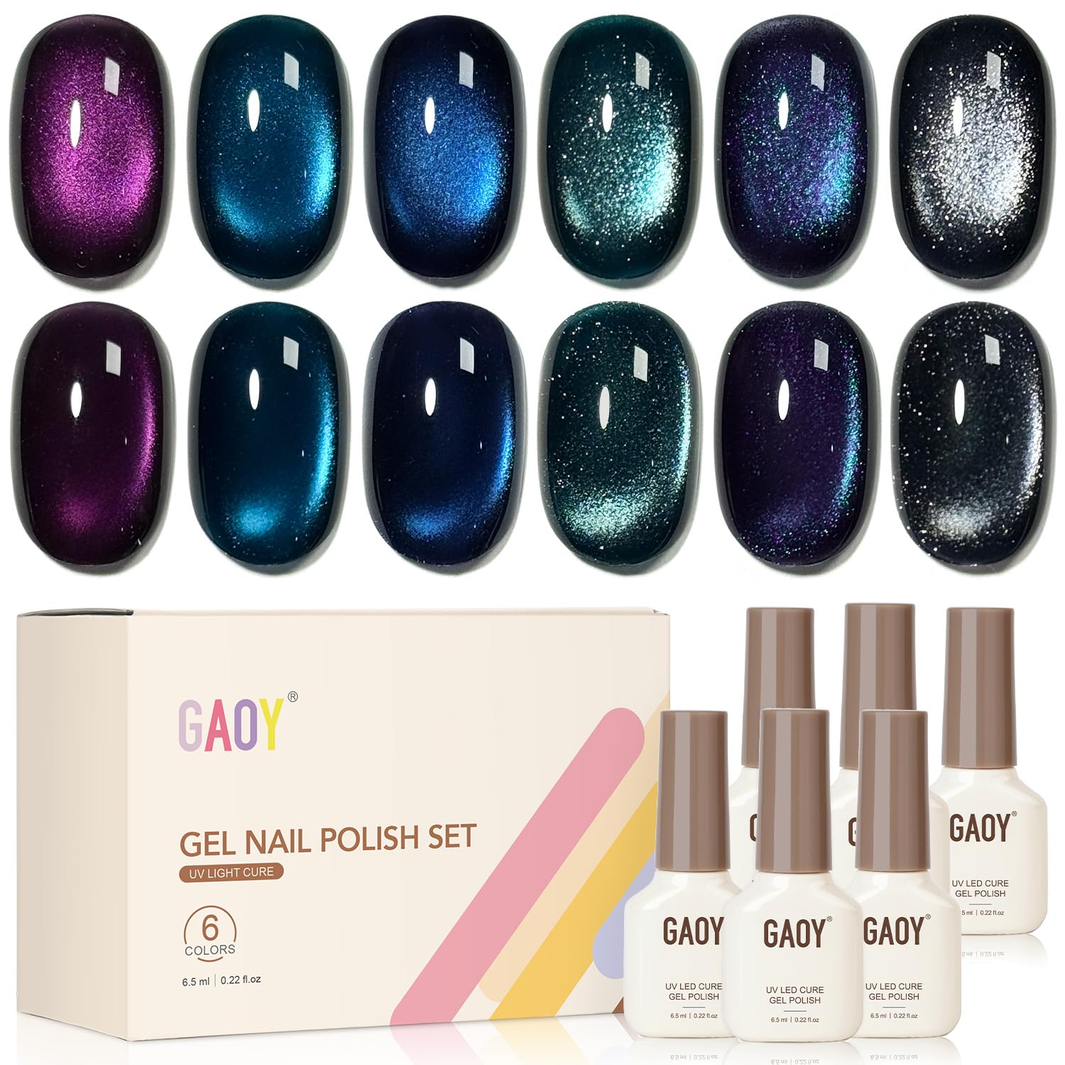 GAOY Glitter Cat Eye Gel Nail Polish Set with Magnet – 6 Colors, Long-Lasting Shine