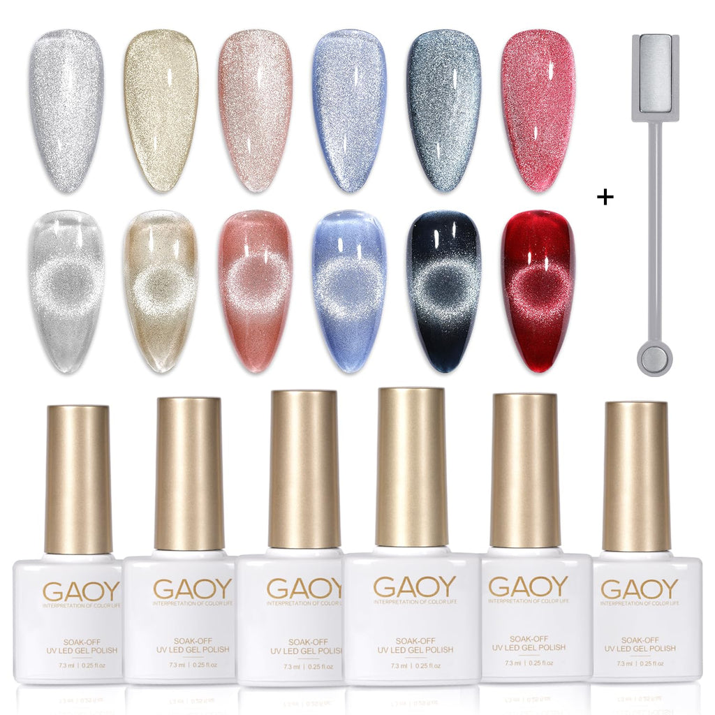 GAOY Holographic Glitter Cat Eye Gel Polish Set - 6 Colors + Free Magnet | Home Nail Art