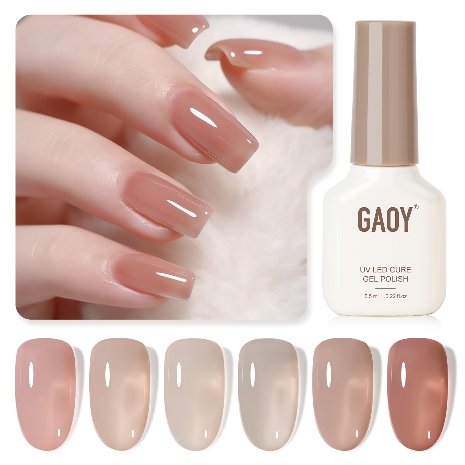 GAOY Jelly UV Gel Nail Polish Kit – 6 Sheer Nude Pink Gray Colors for At-Home Manicures