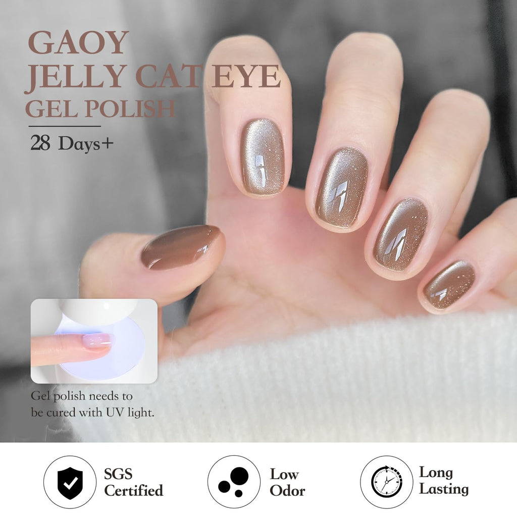GAOY Forest Sunset Cat Eye Gel Nail Polish Set with Magnet – Holographic Cat Eye at Home Manicure