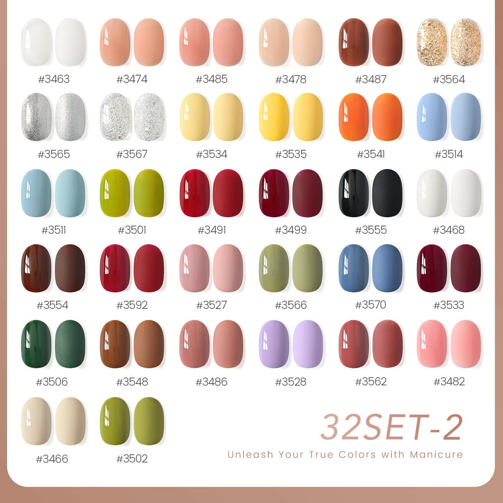 GAOY 36 Pcs Gel Nail Polish Set – 32 Colors All-Season Kit with Base Coat, Top Coats & Builder Gel