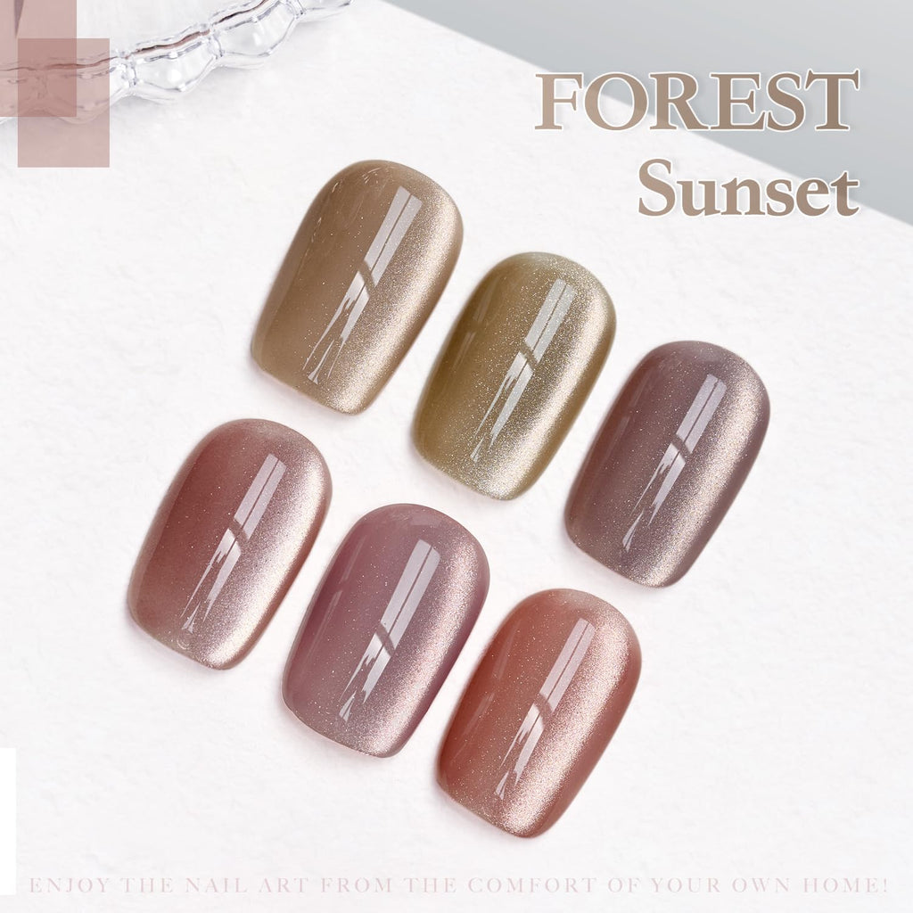 GAOY Forest Sunset Cat Eye Gel Nail Polish Set with Magnet – Holographic Cat Eye at Home Manicure