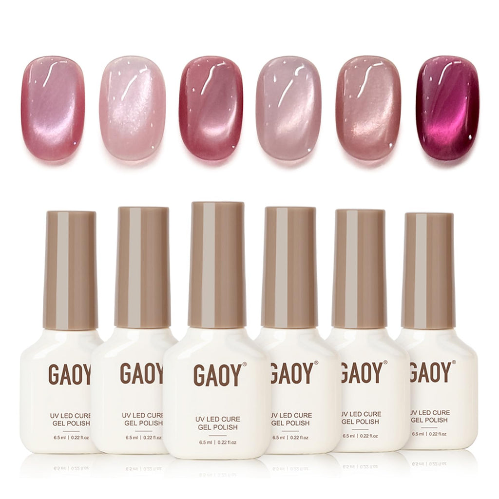 GAOY Pink Cat Eye Gel Nail Polish Set with Magnet – 6 Holographic Colors for Date Night