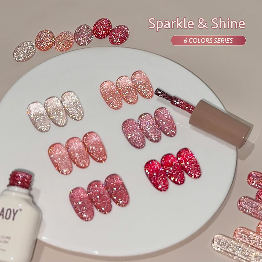 GAOY Glitter Red Gel Nail Polish Set – 6 Pink Peach Reflective Sparkle Colors | Soak Off UV Light Cure for At-Home Manicures