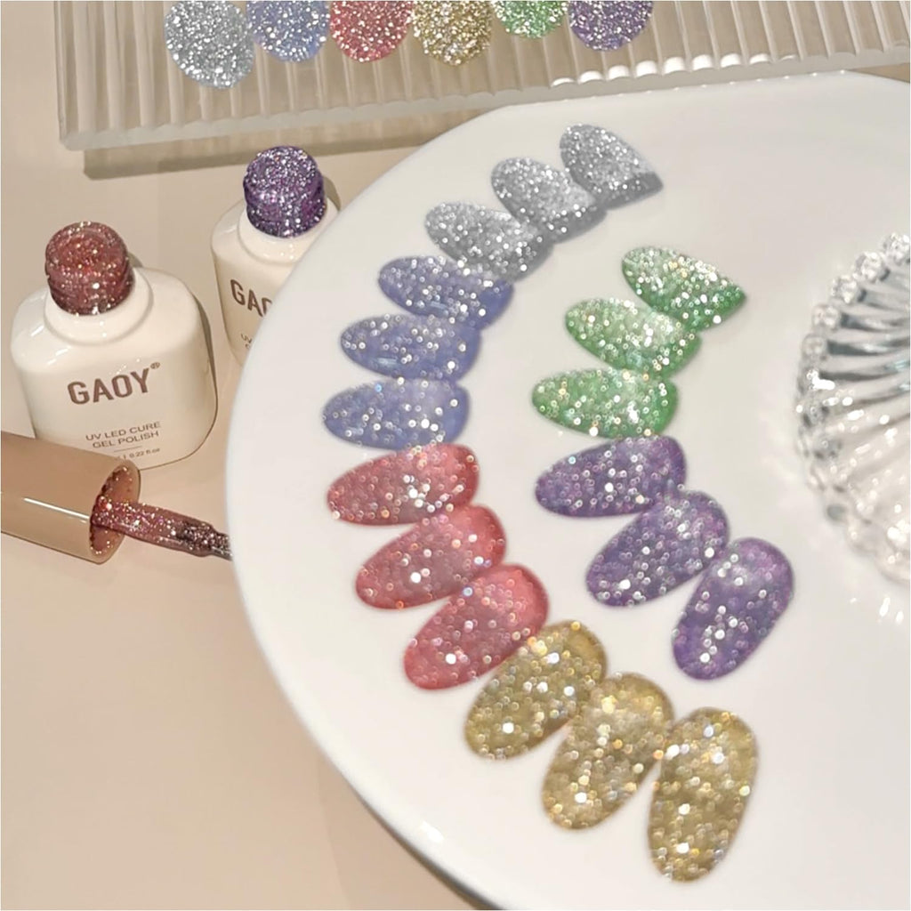 GAOY Reflective Glitter Gel Nail Polish Set – 6 Colors Pink Silver Purple Holographic Sparkle, Soak-Off UV Cure, Energetic Glow