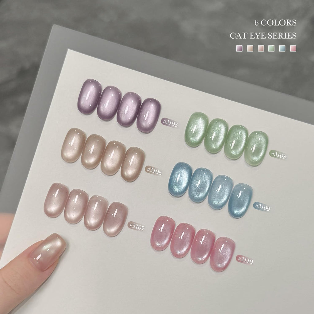 GAOY Summer Gel Nail Polish Set – 6 Icy Sheer Cat Eye Gels with Magnet