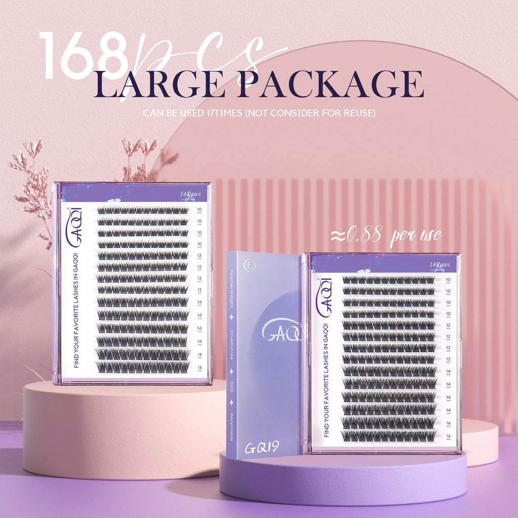 GAQQI GQ19 Lash Clusters - D Curl 14mm, 168pcs, Natural Wispy DIY Lash Extensions