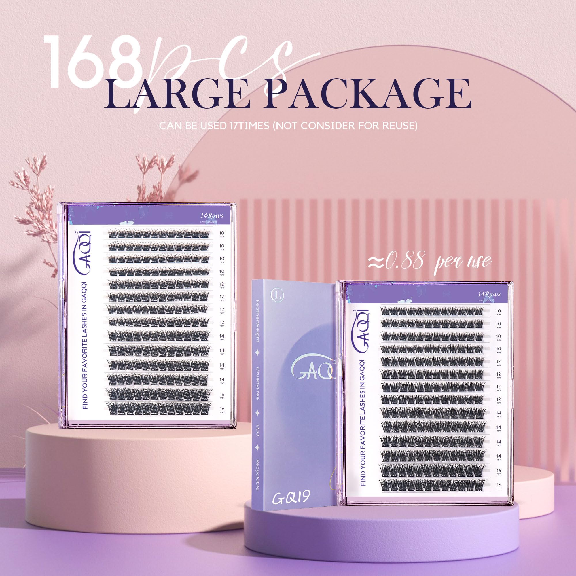 GAQQI GQ19 Lash Clusters - D Curl 14mm, 168pcs, Natural Wispy DIY Lash Extensions