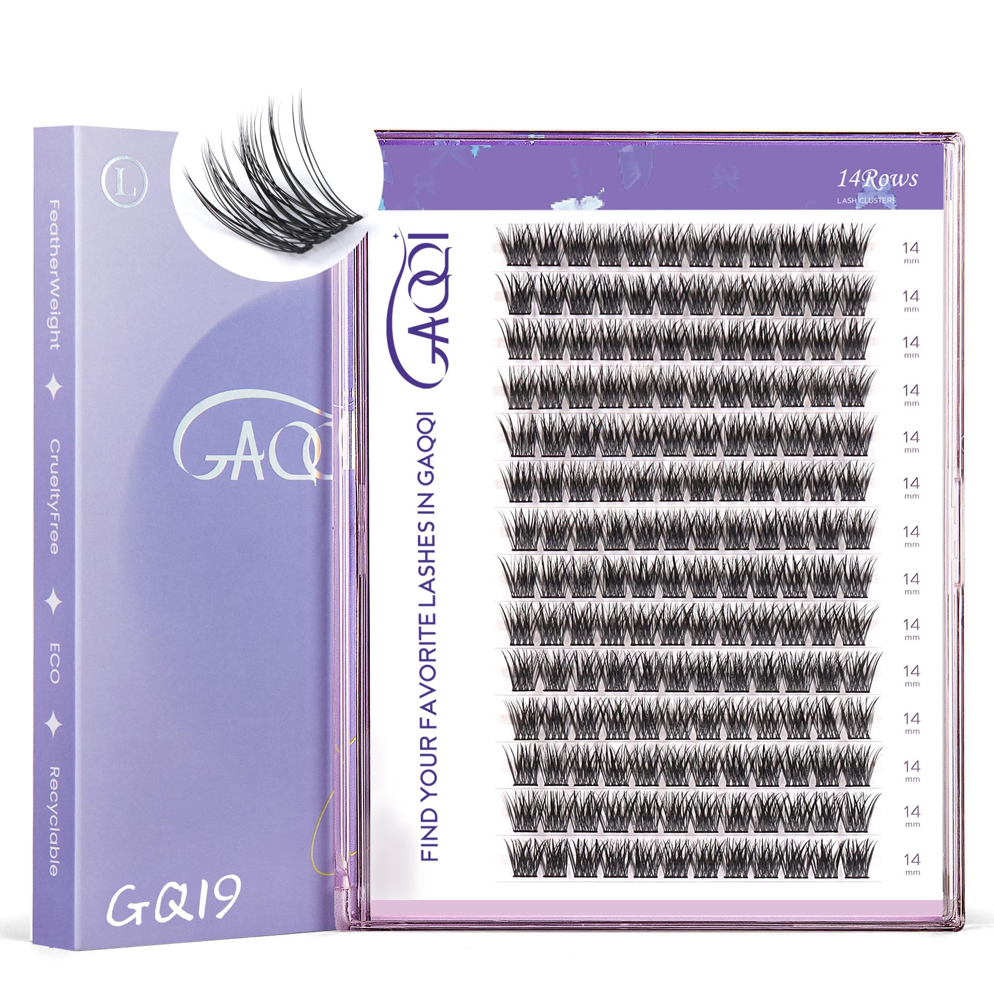 GAQQI GQ19 Lash Clusters - D Curl 14mm, 168pcs, Natural Wispy DIY Lash Extensions