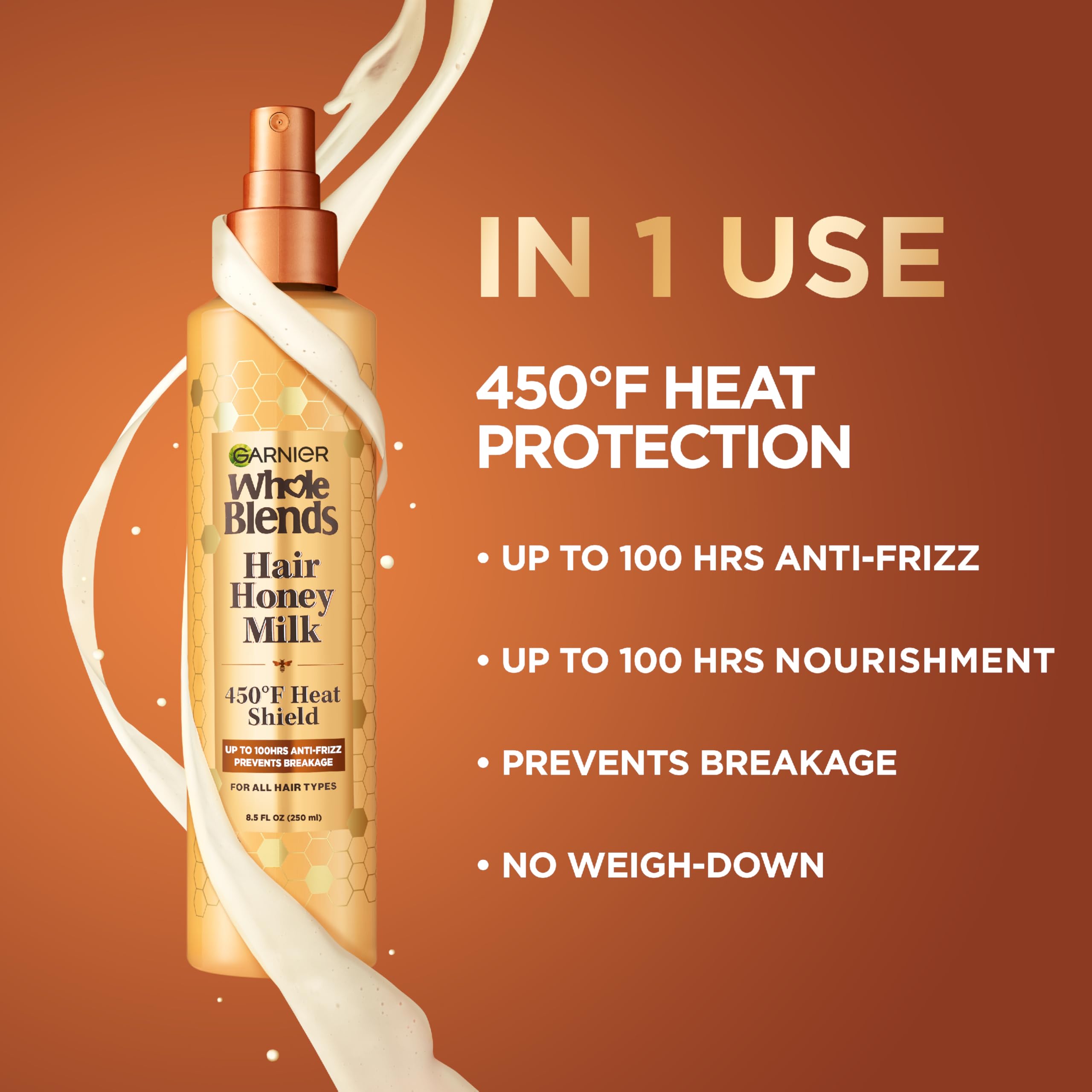 Garnier Whole Blends Hair Honey Milk Heat Protectant Spray – Up to 100Hrs Frizz Control (2 x 8.5 oz)