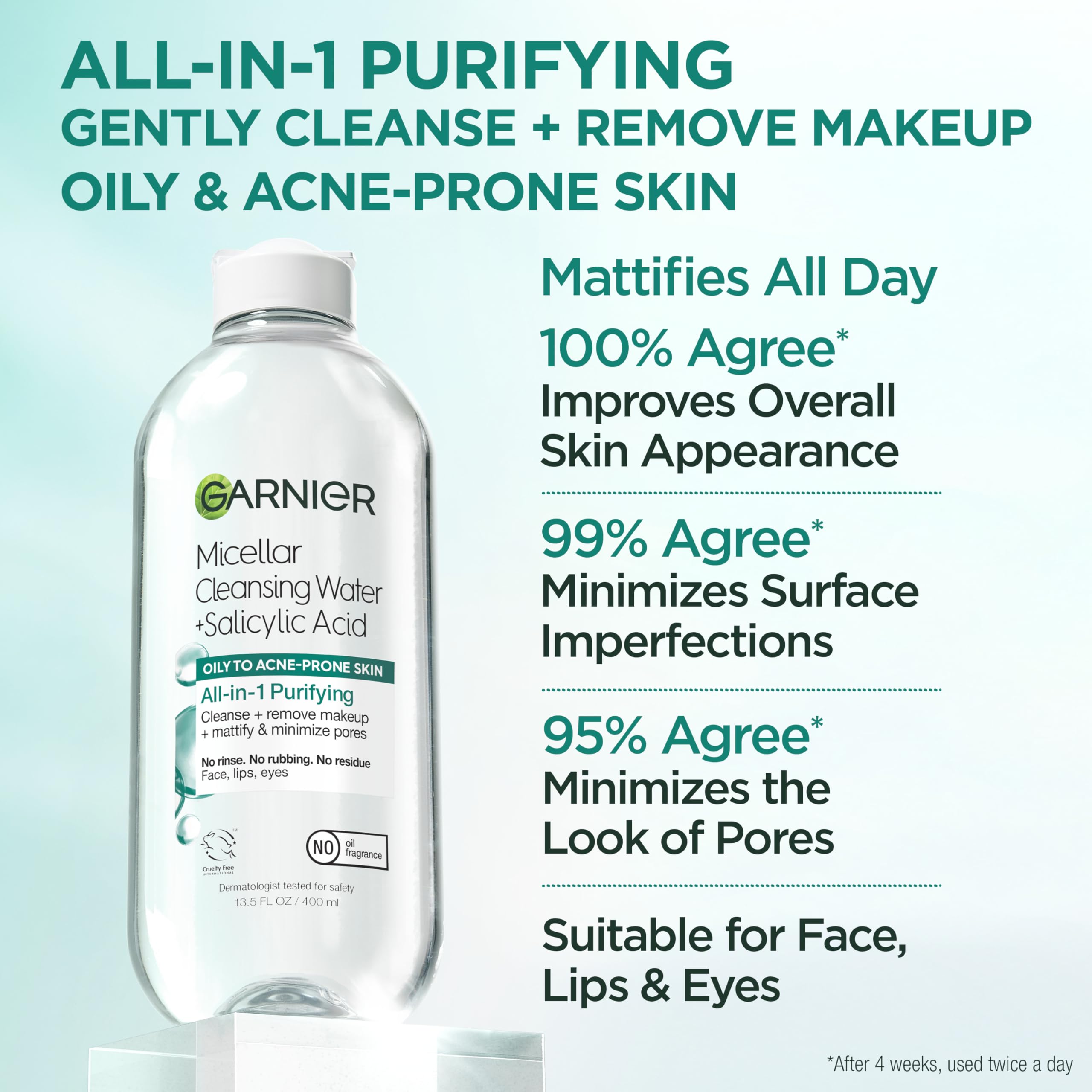 Garnier Micellar Water with Salicylic Acid – All-in-1 Mattifying Cleanser & Makeup Remover (Pack of 2)