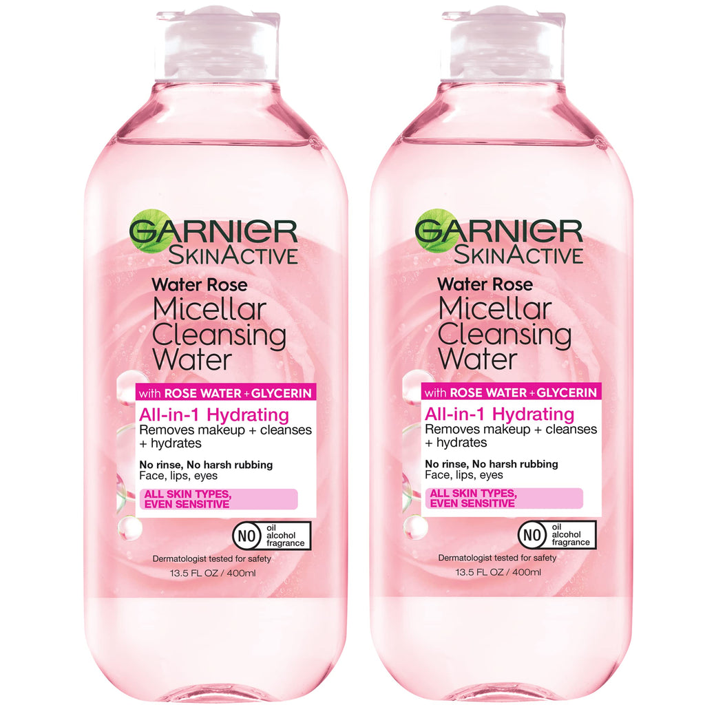 Garnier Micellar Water with Rose Water & Glycerin – Hydrating Cleanser & Makeup Remover (13.5 oz, 2 ct)