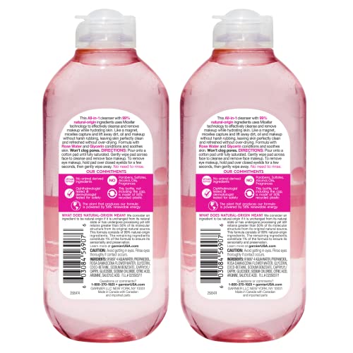 Garnier Micellar Water with Rose Water & Glycerin – Hydrating Cleanser & Makeup Remover (13.5 oz, 2 ct)