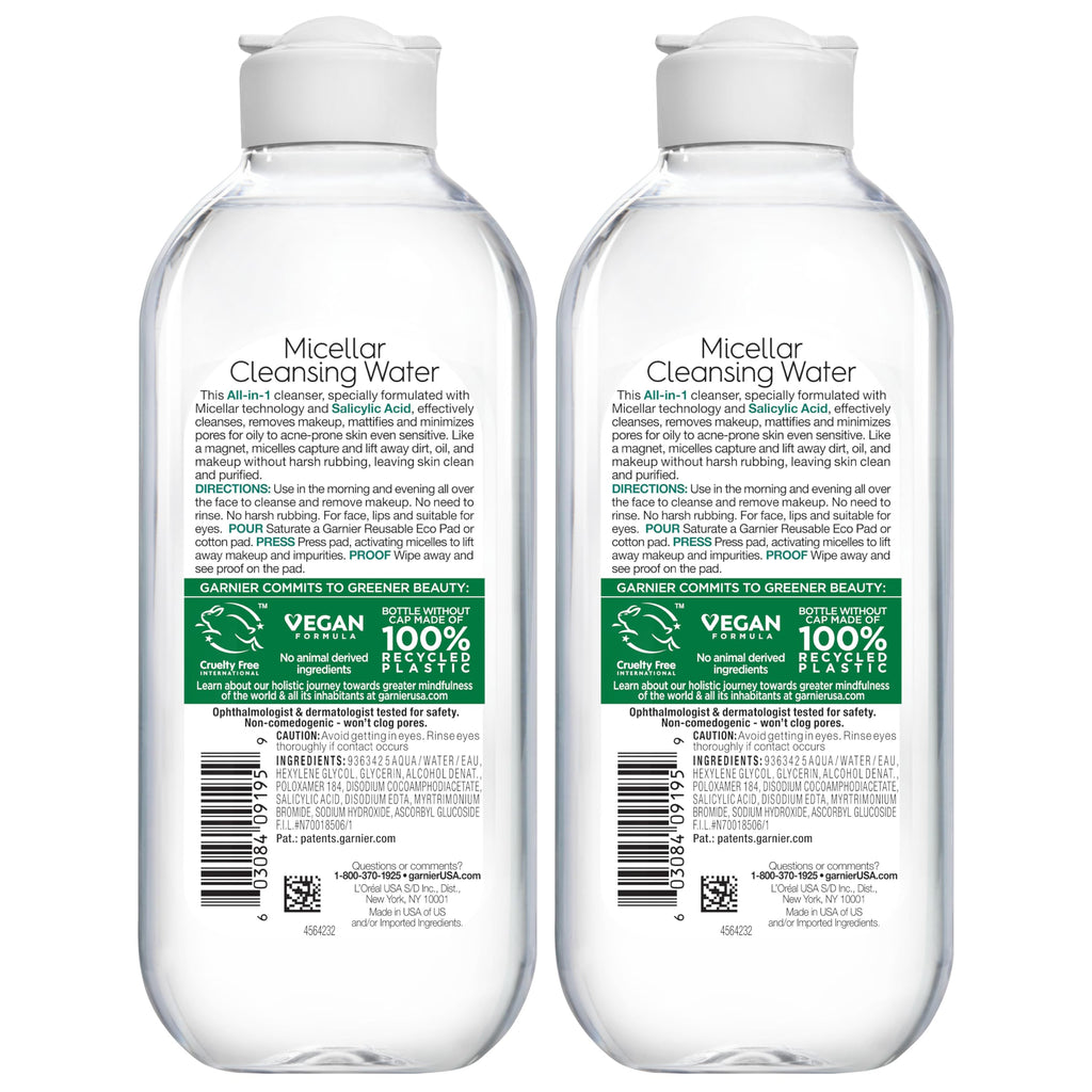 Garnier Micellar Water with Salicylic Acid – All-in-1 Mattifying Cleanser & Makeup Remover (Pack of 2)