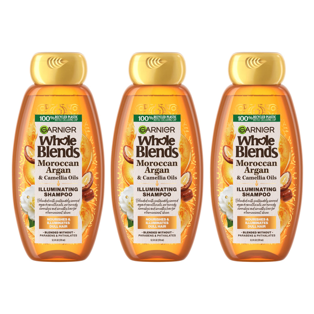 Garnier Whole Blends Argan & Camellia Illuminating Shampoo for Silky Shine – 12.5 fl oz, 3-Pack (Packaging May Vary)