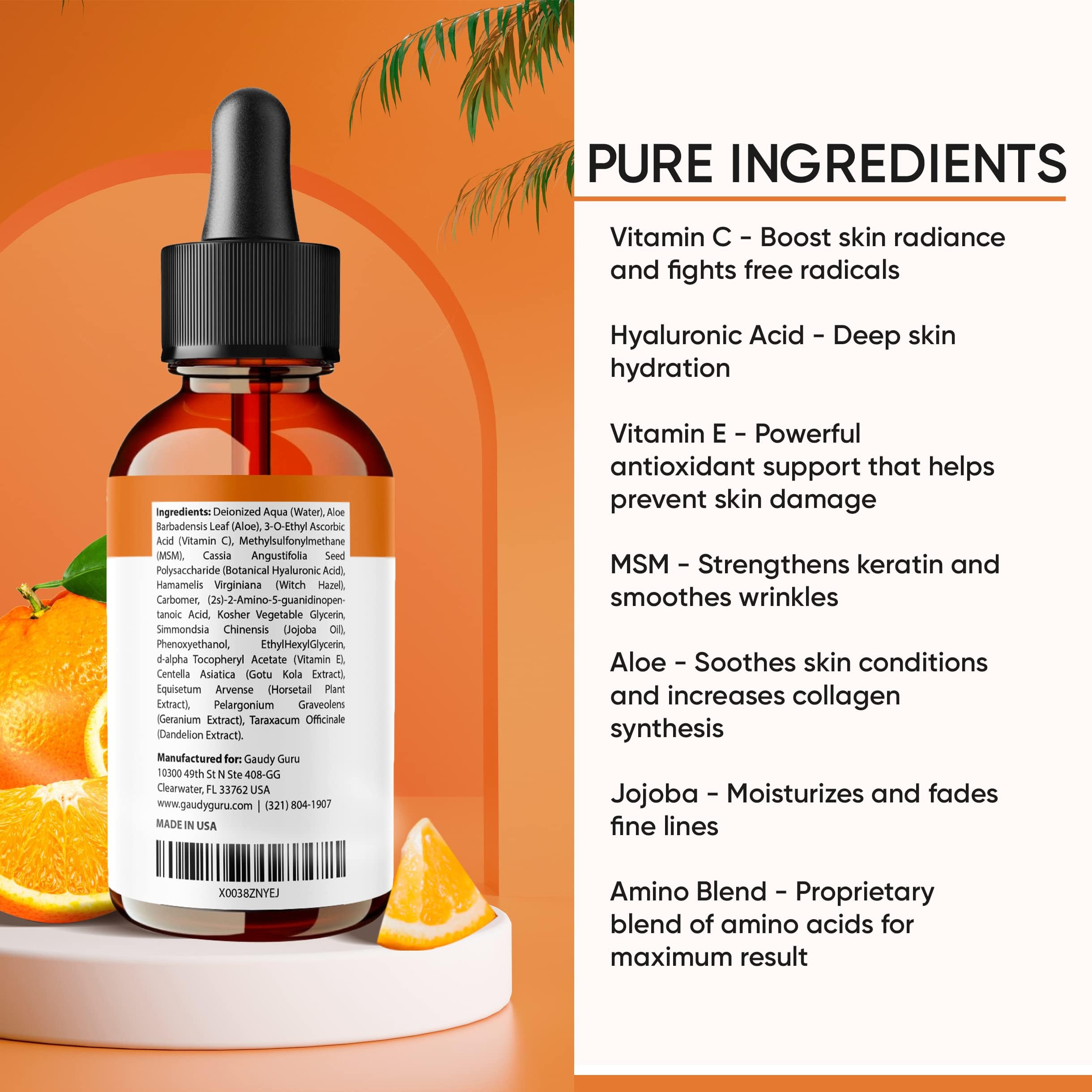 Gaudy Guru 100% Pure Vitamin C Serum for Face – Anti-Aging with Hyaluronic Acid