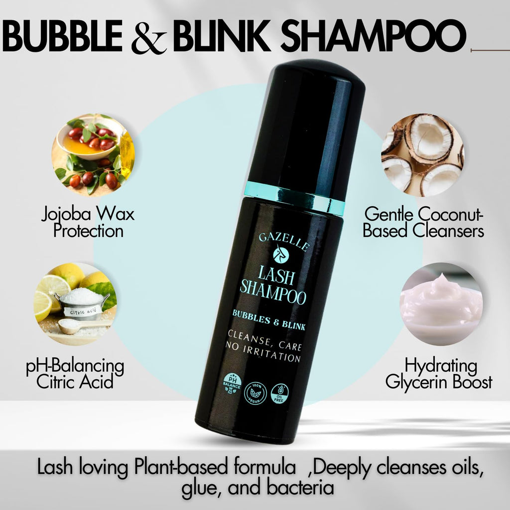 Gazelle Eyelash Shampoo with Brush – 60ml Plant-Based Gentle Foaming Lash Cleanser for Extensions & Natural Lashes