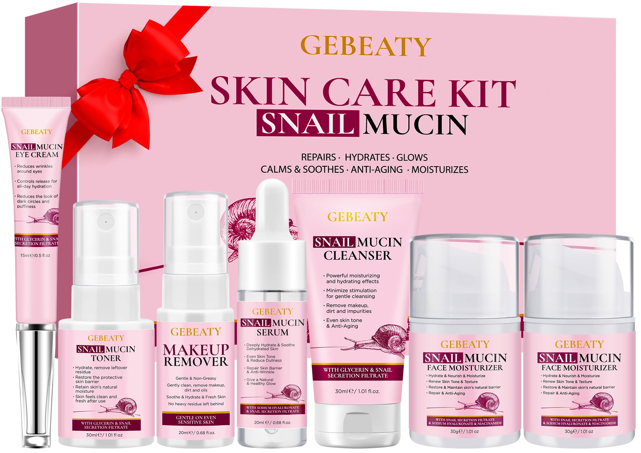 GEBEATY 7-Pc Snail Mucin Skincare Gift Set - Hydrating & Soothing