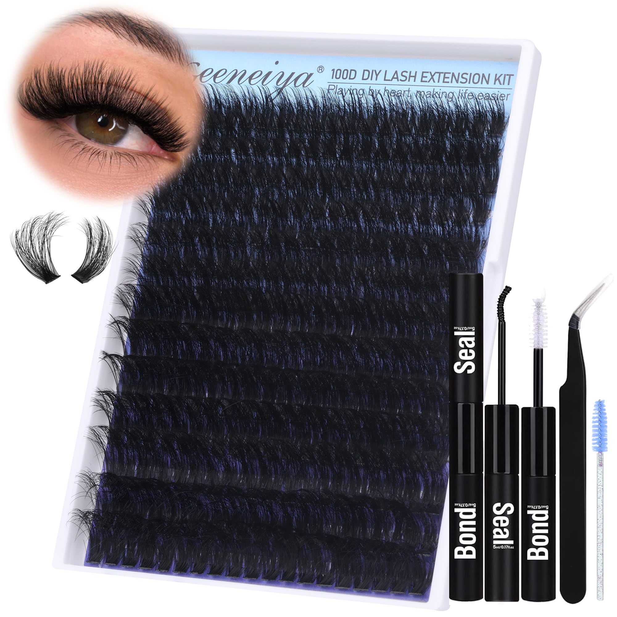 Geeneiya 100D Lash Extension Kit — 14-24mm Cluster Lashes, Bond & Seal, Beginner Friendly