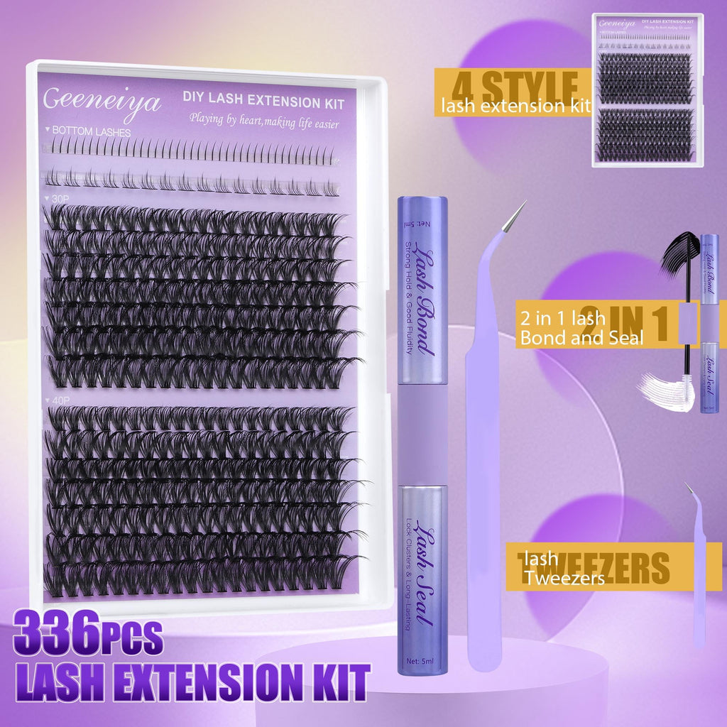 Geeneiya Bottom Lash Extension Kit | DIY D Curl Clusters (30D+40D) with Bond, Seal & Tweezers