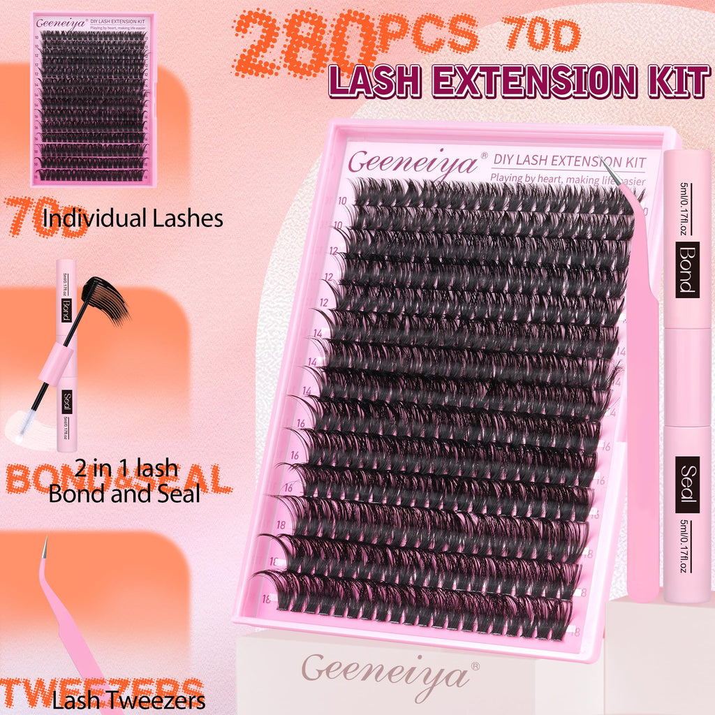 Geeneiya Full Lash Extension Kit 10-18MM Volume Lashes with Bond & Seal, Tweezers
