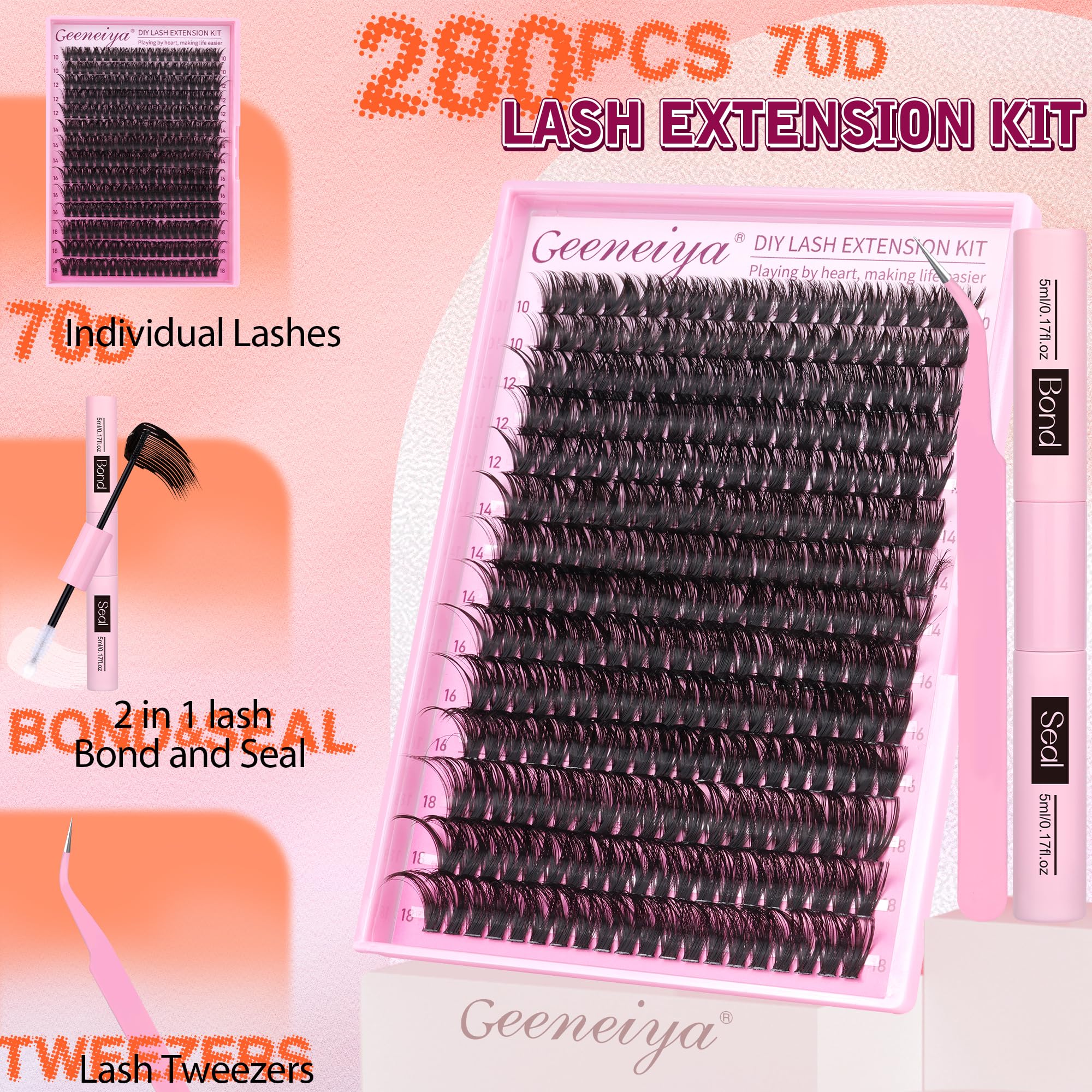 Geeneiya Full Lash Extension Kit 10-18MM Volume Lashes with Bond & Seal, Tweezers