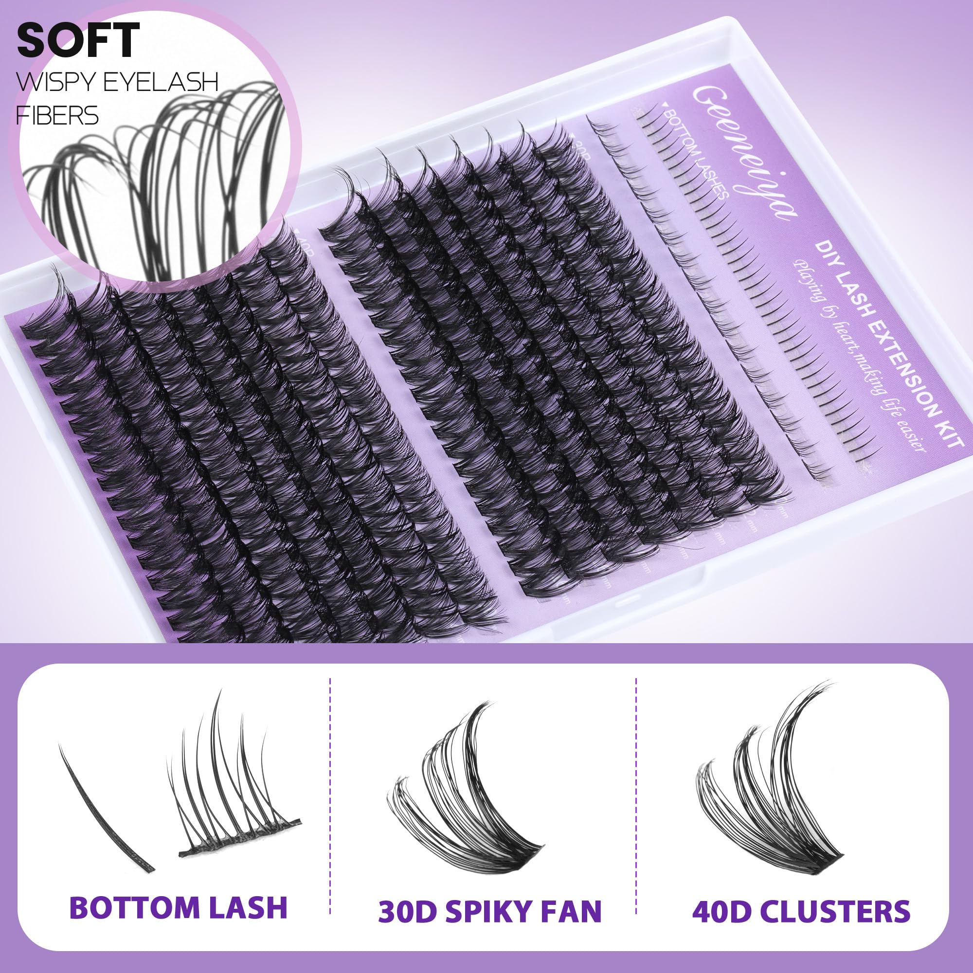 Geeneiya Bottom Lash Extension Kit | DIY D Curl Clusters (30D+40D) with Bond, Seal & Tweezers