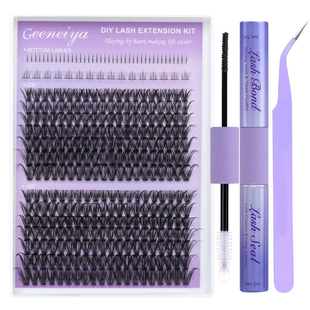 Geeneiya Bottom Lash Extension Kit | DIY D Curl Clusters (30D+40D) with Bond, Seal & Tweezers